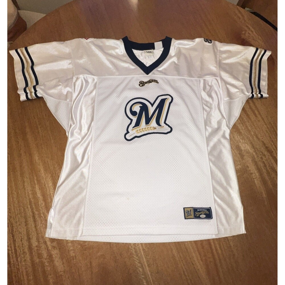 Vtg Lee Sport Jersey Mens XL Milwaukee Brewers MLB Baseball Football Style White